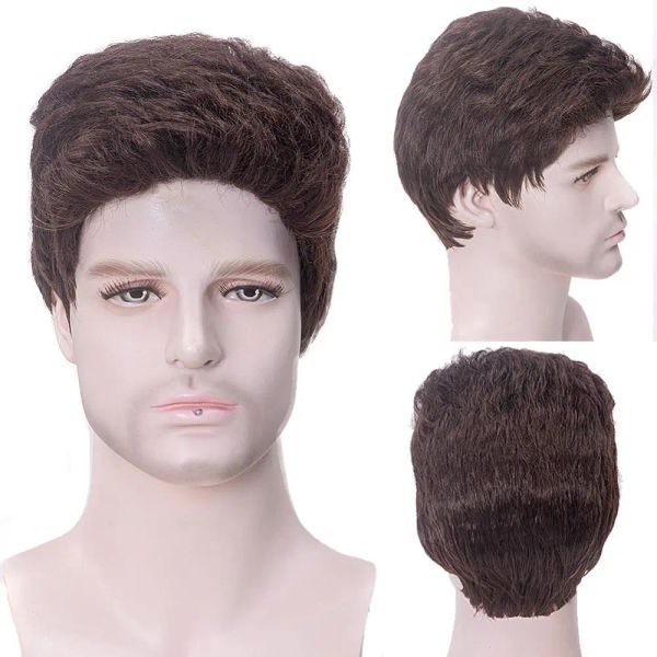 Perucas de peruca curta peruca síntese síntese para masculino penteado de penteado realista de perucas de peruca marrom e marrom para usar diariamente