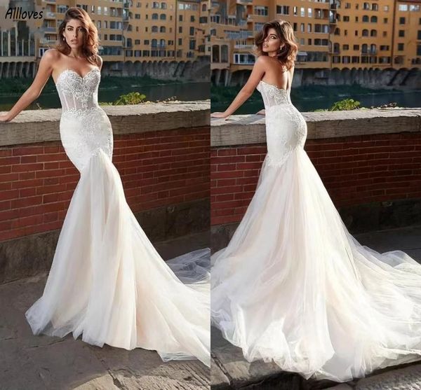 Sweetheart Slim Fit Abiti da sposa a sirena per le donne Chic ricamo pizzo coda di pesce Abiti da sposa Boho Garden lungo tulle corte strascico sposa abiti da sposa CL3401