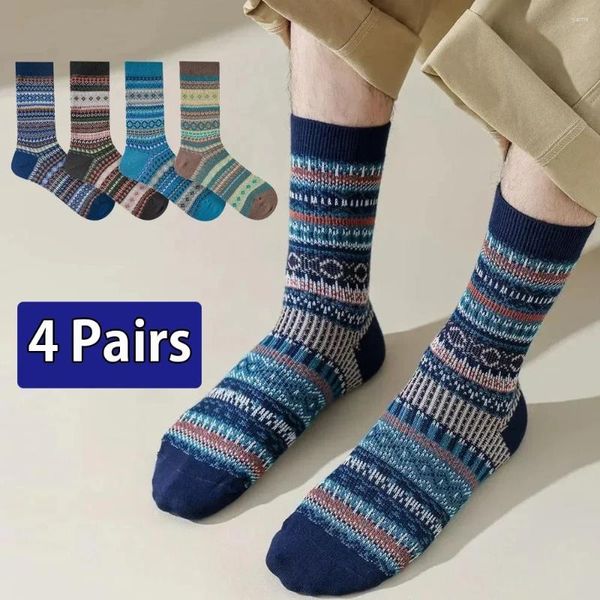 Meias masculinas 4 pares homens algodão outono inverno retro jacquard padrão tubo médio de alta qualidade moda tendência casual envio rápido