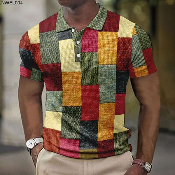 Дизайнерская мужская рубашка-поло на пуговицах с клетчатым узором и откидным воротником. Трендовая цифровая печать. Модная городская свободная повседневная одежда.