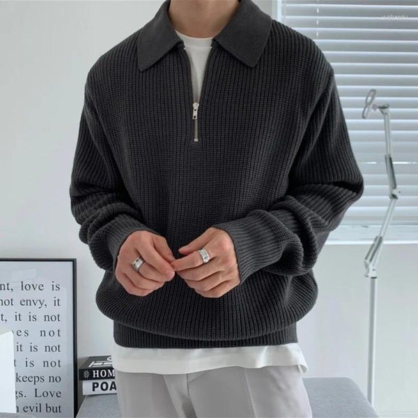 Felpa con cappuccio da uomo maglione invernale addensato con zip allentata maglia autunno polo collo camiciacappotto vintage 2024