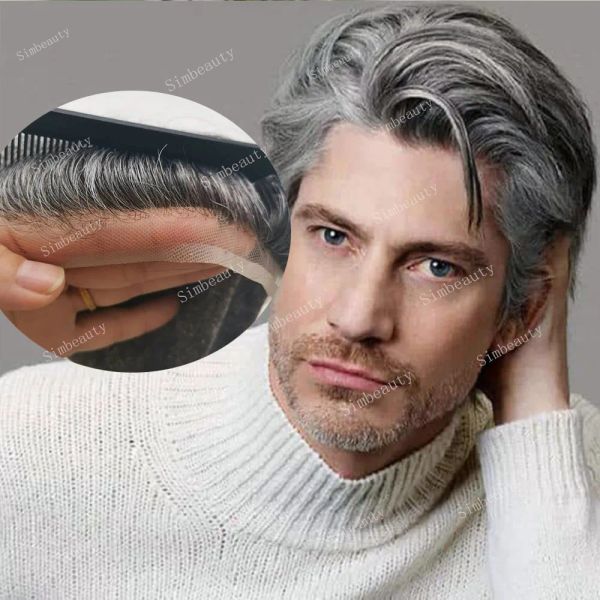 Toupets Natürlicher Haaransatz Bleichknoten Haarprothese Q6 Atmungsaktives Schweizer Spitzenfront-PU-Haarteil 100 % Echthaar Graues Toupet für Männer