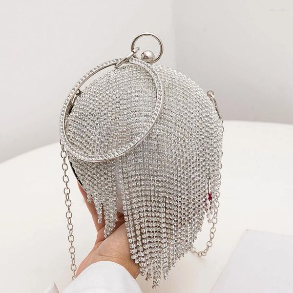 Sacos de noite sliver diamantes strass bola redonda para mulheres 2024 moda mini borlas bolsa de embreagem senhoras anel bolsa embreagens