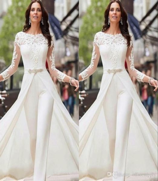 Elegantes macacões brancos calças vestidos de casamento manga longa renda cetim com overskirts contas cristais vestidos de noiva de novia1469979