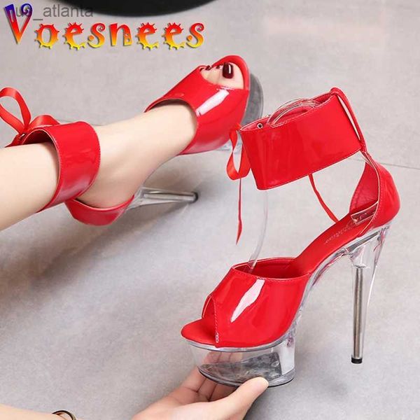 Kleid Schuhe Neue Patent Leder Schnürung Dünne Heels Sandalen Plattform Sexy Pole Dance Transparent High Heel Schuh Peep Toe Kristall frauen H240325