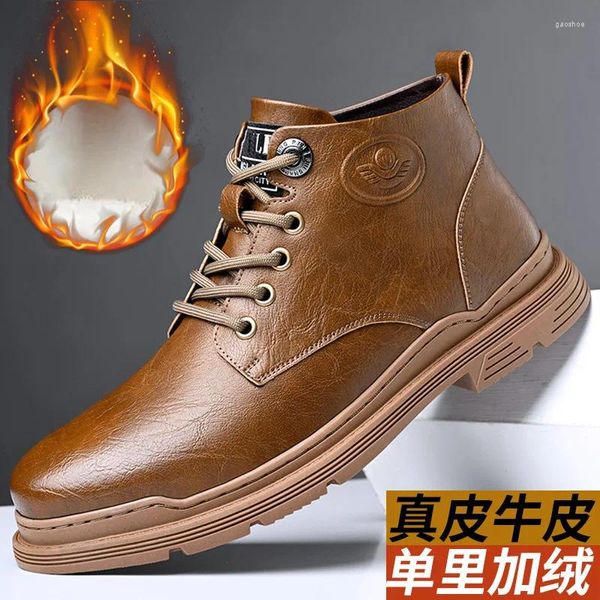 Botas de couro masculino motocicleta outono inverno pelúcia quente couro britânico alto trabalho neve