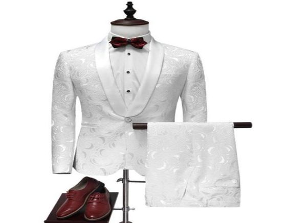 Branco noivo smoking 2019 jacquard calças de casamento casaco design homem blazer ternos masculinos vestido de festa de formatura terno jaqueta personalizada calças 7636419