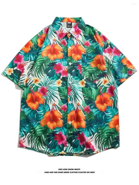 Erkekler Sıradan Gömlek Çiçek Baskı Gömlek Erkekler Hawaiian Dönüşü Yatak Kısa Kollu Düğme Vintage M-3XL 2024 Yaz A47