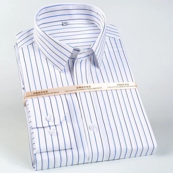 Mens clássico manga longa não-ferro listrado vestido camisas gola removível permanece formal negócio regular ajuste camisa de algodão puro 240319