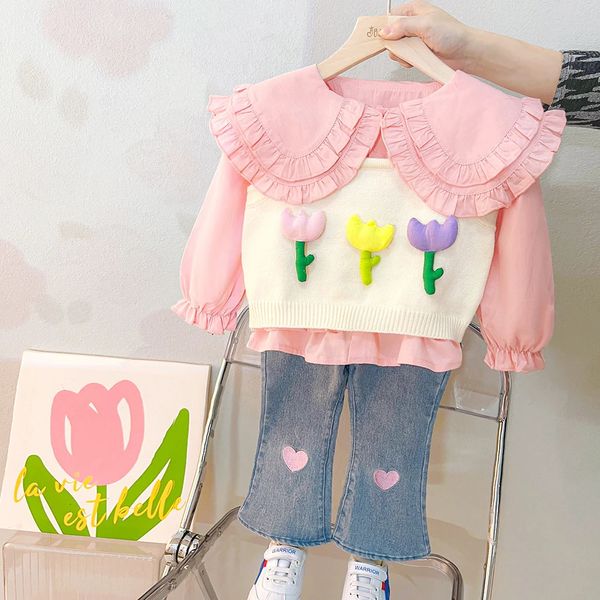 Primavera bebê meninas floral colete camisa de renda jeans roupas infantis roupas crianças conjuntos de roupas casuais moda princesa traje 240314