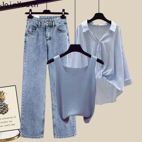 Arbeitskleider Roupas Femme Mode 3-teilige Sets Damenbekleidung Gestreifte Bluse Tunika Weste Gerade Hose mit weitem Bein Y2k Jeans Outfits Koreanisch