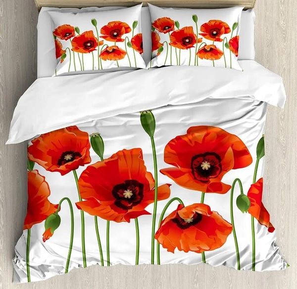 Set di biancheria da letto Set floreale Trapunte Copripiumino Federe per cuscini Papaveri della stagione primaverile Fiori pastorali Bot Letto matrimoniale