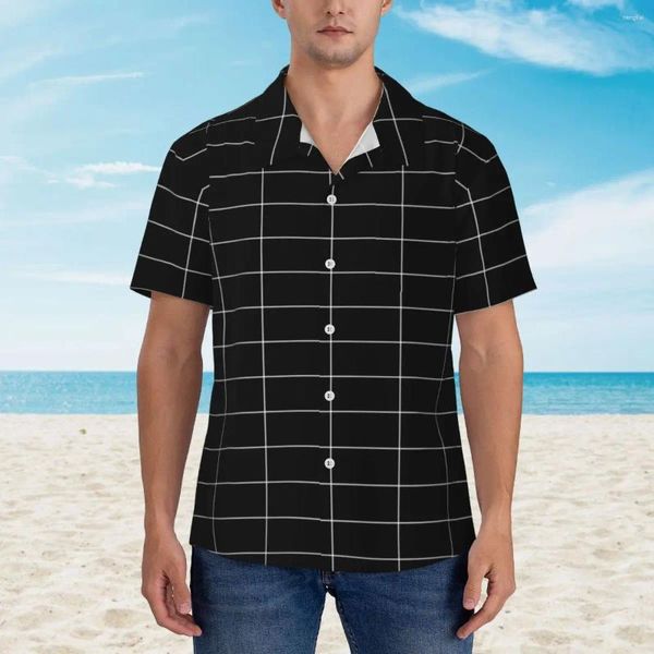 Camisas casuais masculinas vintage linhas nórdicas camisa de férias homens grade longa preto havaiano manga curta personalizado diy legal blusas oversize