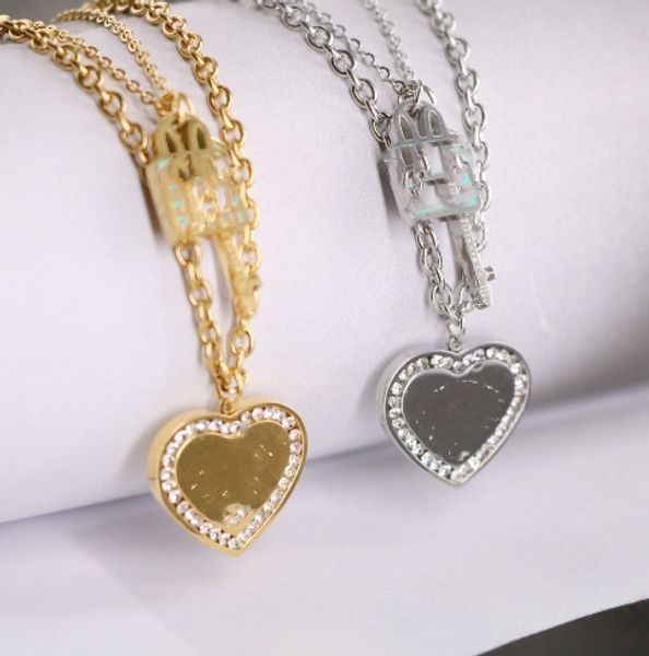 Mode Titan Stahl 18K Gold Französisch Stil Leichter Luxus Stil Ein Kreis Diamant Liebe Blau Tropfendes Öl Schloss Schlüssel Doppelschichtige Halskette für Frauen