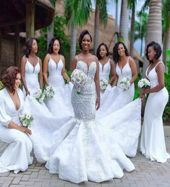 Plus Size Africano Sereia Vestidos de Casamento Spaghetti Lace Appliqued Pérolas Beads Country Wedding Dress Custom Made Beach Bridal Gow6618796