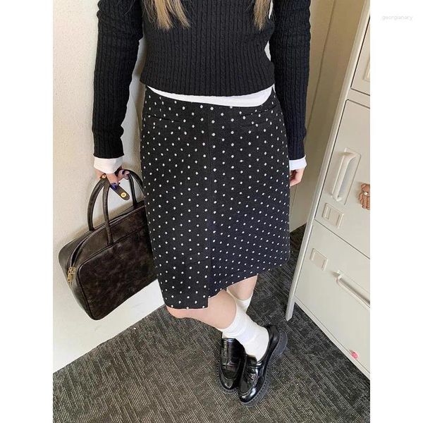 Röcke Vintage Polka Dot Gedruckt Casual Schwarz Tweed A-linie Rock Frauen 2024 Frühling Hohe Taille Sexy Schlank Alle Spiel Knie-länge