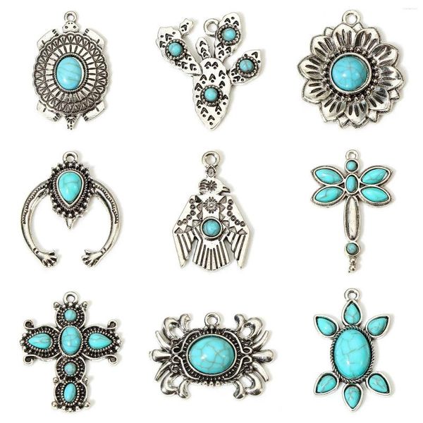 Charms 5 Stück Böhmischer Stil Anhänger Antik Silber Farbe Harz Cabochons Nachahmung Türkis Kreuz Blume DIY Halskette Schmuck