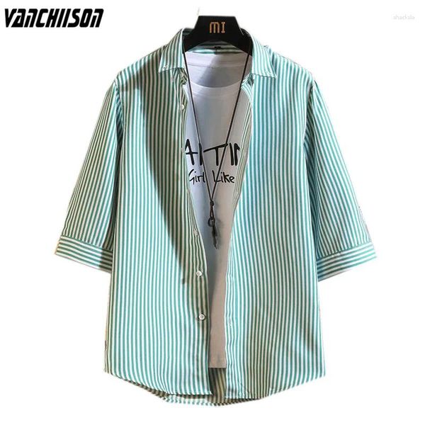 Camisas casuais masculinas jovens camisa listras verdes para o verão 3/4 manga estilo coreano poliéster masculino roupas de moda 00526