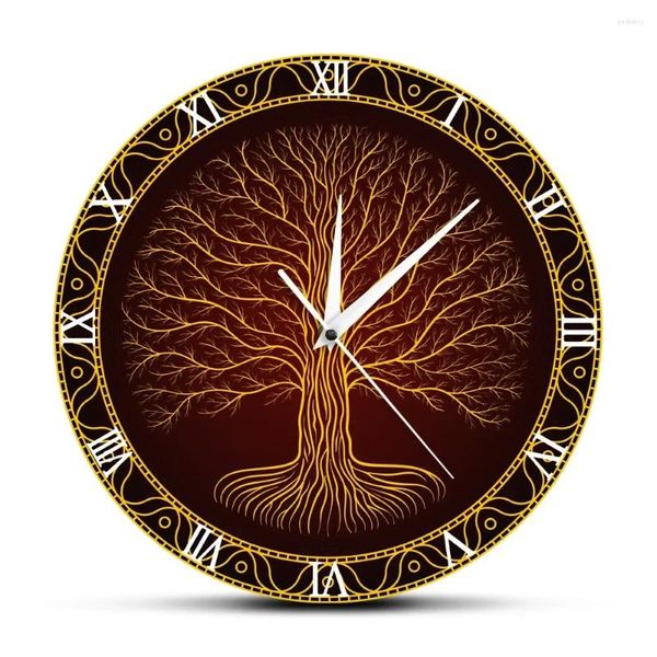 Relógios de parede Nordic Símbolo Sagrado Druídico Yggdrasil Árvore Impresso Relógio da Vida Viking Mystic Amulet Art Decor Relógio Mudo