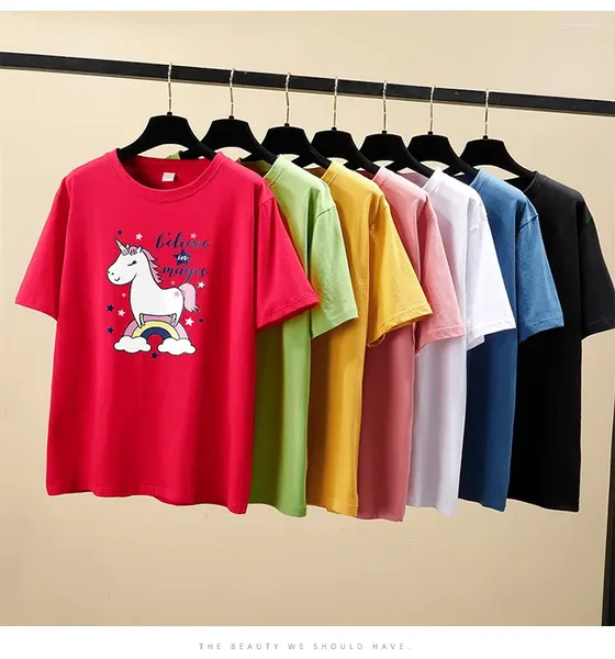 Camiseta feminina algodão coreano tamanho grande manga curta impresso cartoon pônei camiseta solta e fina feminina doce-colorido maré superior