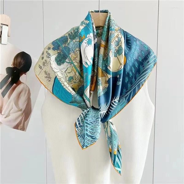 Lenços primavera outono azul branco seda mulheres cachecol xale moda marca senhoras quadrado hijabs inverno xales foulard 90cm