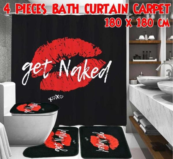 Lábios vermelhos conjunto de cortina de banheiro conjuntos de tapete de banho cortinas de chuveiro com ganchos preto antiderrapante pedestal tapete toalete capa 180x180cm6821353