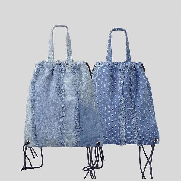 Totes Tie Dyed Denim Kordelzug Rucksack Casual Quaste Canvas Vielseitige Sport Damen Handtasche Mode Einfache Damen Umhängetasche