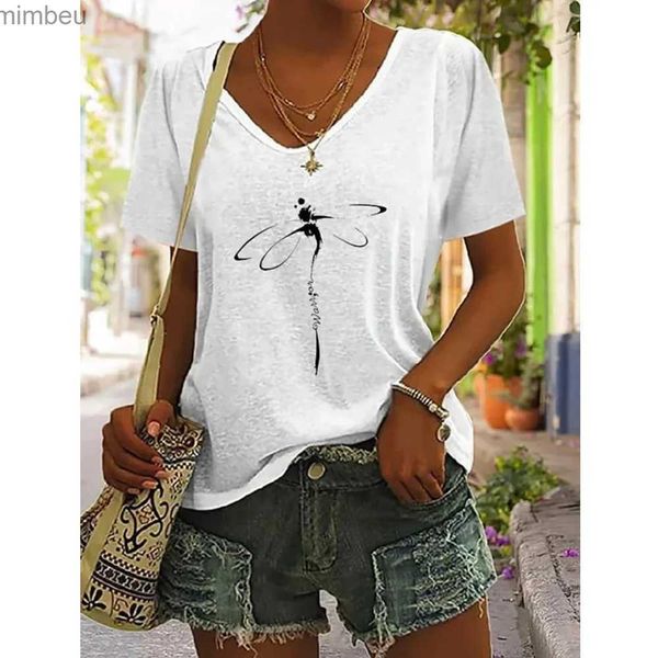 T-shirt das mulheres T-shirt das mulheres Verão Dragonfly Print Tops Tees Casual Diário V Neck Blusa Mulheres Oversized Pullovers Meninas Roupas MinimalistasC24319