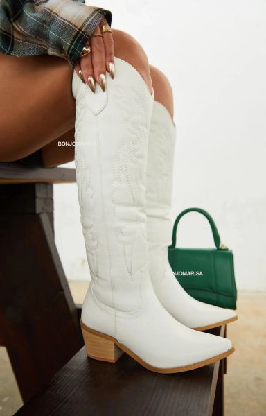 Stiefel Frauen Western Stiefel Knie High Fashion Spoced Toe Cowboy Cowgirls weiße Stickstiefel auf klobige Blockabsatzschuhe Winter rutschen
