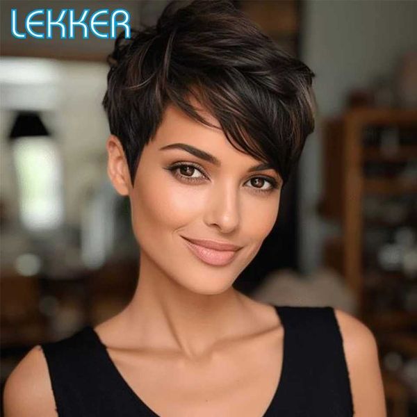 Synthetische Perücken Synthetische Perücken Lekker Wear to go Highlight Goldbraun Kurze Pixie-Schnitt-Echthaarperücken für Frauen Brasilianisches Remy-Haar Seitenteil Bob Volle Perücken 240328 240327