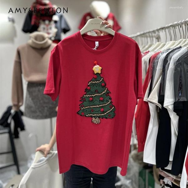 T-shirt da donna T-shirt in cotone double face ispessito 2024 T-shirt lunga a maniche corte per l'industria pesante invernale T-shirt per albero di Natale