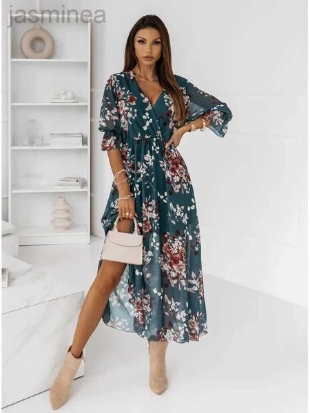 Grundlegende Freizeitkleider Mode Blumen V-Ausschnitt Slim-Fit langes Kleid Frauen Frühlingsärmelkleid 24319