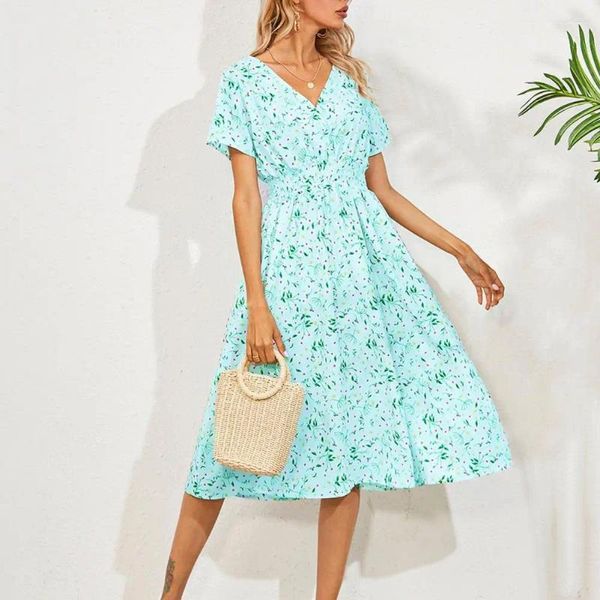 Vestidos casuais com decote em v manga curta cintura elástica apertada bainha fluida mulheres vestido verão doce floral impressão midi