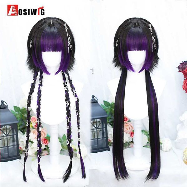 Parrucche sintetiche AOSI 80 cm Parrucca sintetica lunga diritta per cosplay con frangia Punti neri Parrucca viola Lolita Parrucche per Halloween Donna Parrucche per cosplay Donna 240329