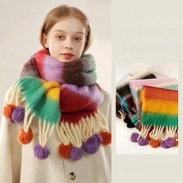 Шарфы женские зимний шарф имитация кашемира красочные вязаные с меховыми шариками кисточки теплые полосатые лоскутные цветные шали