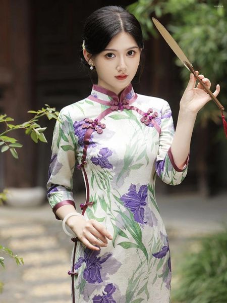 Ethnische Kleidung im chinesischen Stil, hochwertige Nachahmung von Blumen, Luo, langes Cheongsam, Herbst, schlanke Freizeitkleidung für junge Mädchen