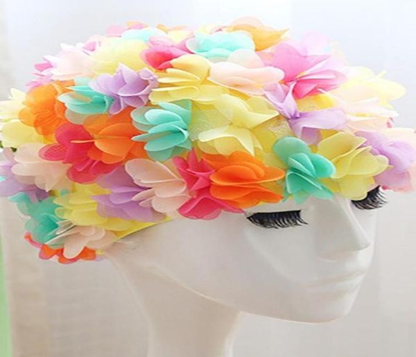 Toucas de natação Senhoras Moda Nylon Headband Cabelo Longo Cap Tridimensional Pétalas de Flores Forro Elástico Confortável e Breath2404219