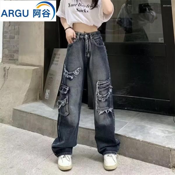 Jeans da donna Ragazza Street Wear Retro Patchwork lavato Cuciture Pantaloni casual dritti a vita alta alla moda da donna alla moda