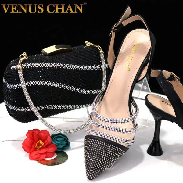 Pumps Venus Chan -Schuhe für Frauen 2023 Spitze Zeh Schwarze Absätze Strasskettenkette Party Sandalen Italienische Schuhe und Taschen Matching Set 2023