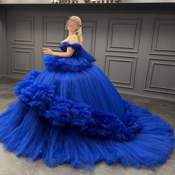 Royal Blue Sweetheart Abiti stile Quinceanera con spalle scoperte Perline Tull a strati Sweet 16 Prom Abito da festa di compleanno Vestido De vx 15 Anos