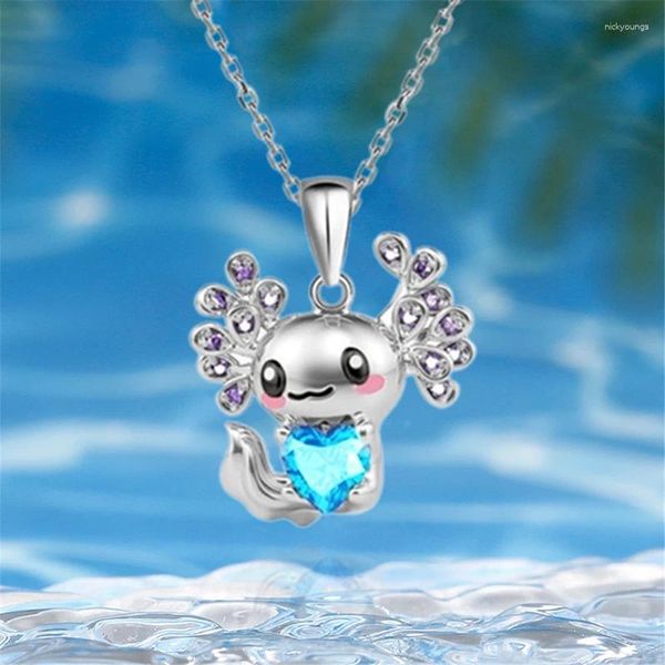 Gargantilha bonito cristal axolotl pingente colar animais dos desenhos animados com zircão azul para mulheres meninas animais jóias presentes de aniversário