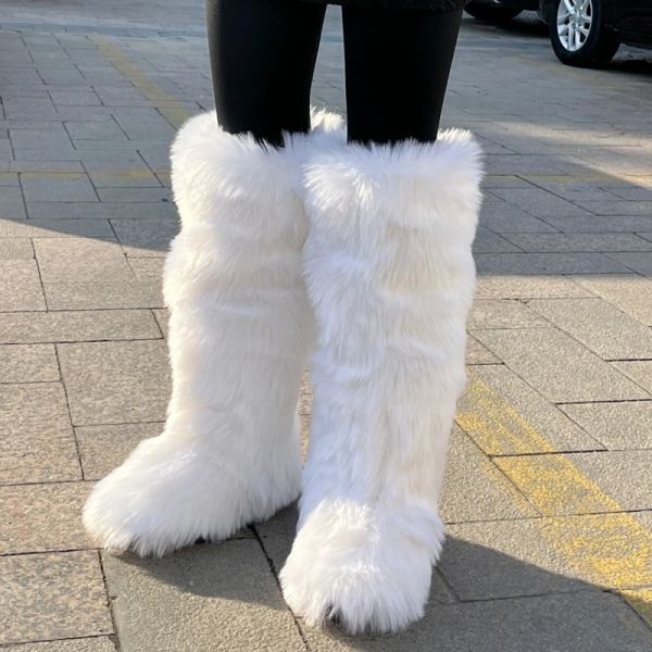 Botas de inverno, luxo de joelho, mulheres altas imitação de pelúcia de raposa pêlo quente designer designer de luxo de luxo botas de peles menina