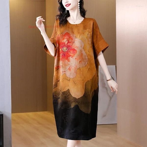 Ethnische Kleidung 2024 Chinesisches Vintage-Kleid Verbessertes Cheongsam-Nationalblumendruck-Satin-loses Qipao Orientalisches Bankett-Abend-Kleid