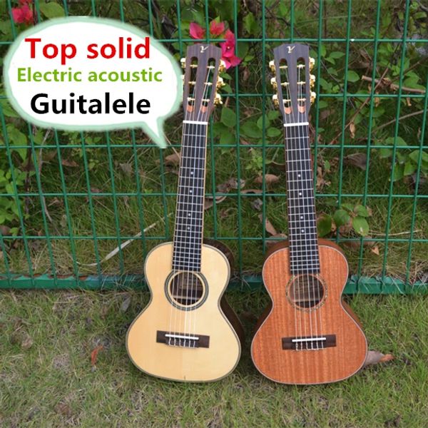 Guitarra superior sólida acústica elétrica guitalele 28 Polegada mini guitarra 6 cordas ukulele ukelele mogno acácia abeto sapele