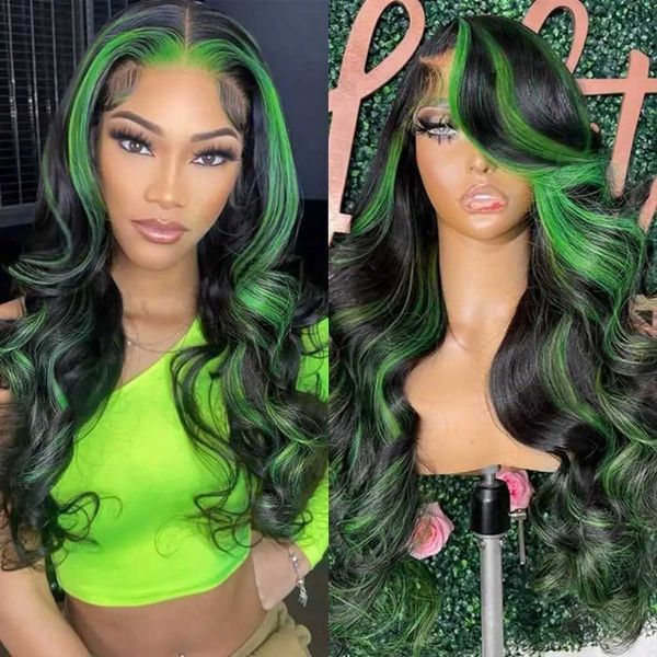 Perucas sintéticas Perucas sintéticas 13x6 HD Lace Frontal Wigs Destaque Green Body Wave Lace Front Wig 30 polegadas Body Wave Human Hair Wigs Ombre Remy Lace Front Wig 240327