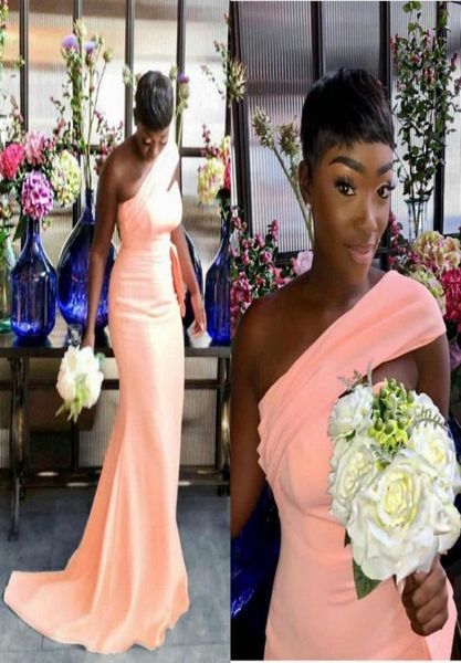 Şeftali Bir Omuz Denizkızı Nedime Elbiseleri 2022 Afrikalı Siyah Kız Saten Deri Oturmuş Uzun Düğün Elbise Kadınlar Resmi Balo GOWN8082458