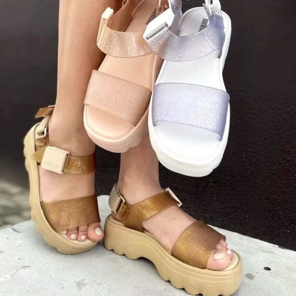 Sandalet 2023 Yaz Yeni Melissa Bayanlar Yüksek Topuk Sandalet Kadınlar Ayarlanabilir Açık Ayak Ayak Ayakkabı Yetişkin Kızlar Parlak Kalın Sole Plaj Ayakkabı