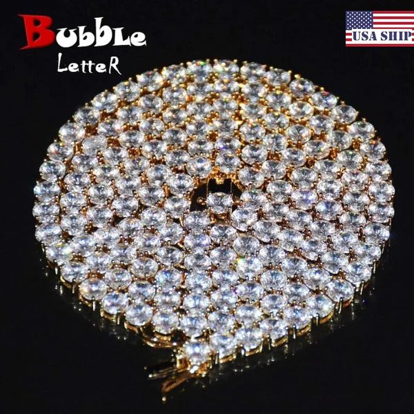 Bubble Letter 1 fila Catena da tennis Collana con zirconi Gioielli Hip Hop Colore oro Materiale rame Uomo Rock Link 18 pollici 20 pollici 240313