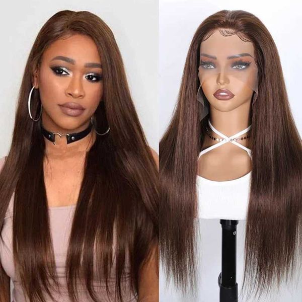 Perucas sintéticas Human Chignons HD Lace Front Perucas de cabelo humano para mulheres chocolate marrom reto sem cola 13x5 peruca frontal de renda transparente 4x4 peruca de fechamento de renda 240329