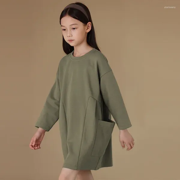 Vestidos da menina outono crianças roupas de manga comprida vestido moda em torno do pescoço plissado painel design casual crianças para meninas